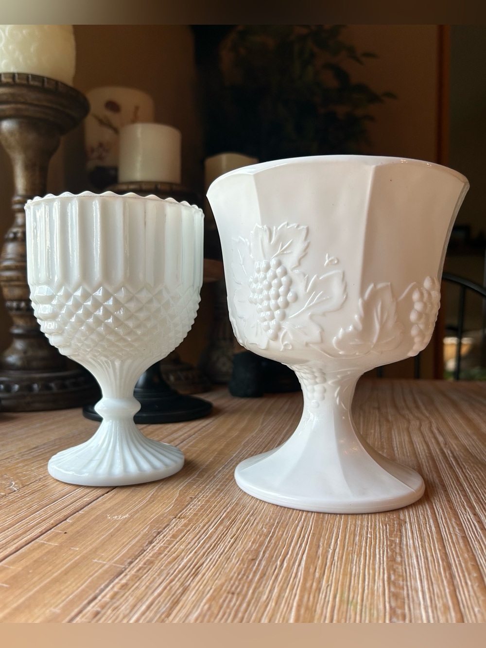 Vintage 1950s White Milk Glass Footed Vase Goblet Bundle of 2
